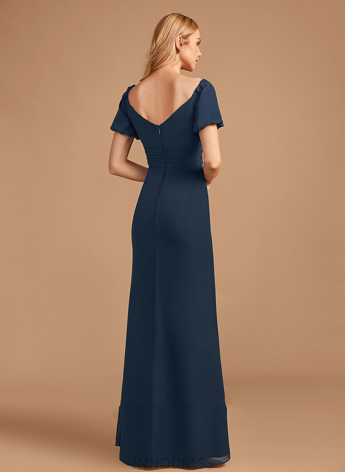 SplitFront V-neck Length Sheath/Column Neckline Fabric Floor-Length Embellishment Silhouette Tania Natural Waist V-Neck Bridesmaid Dresses