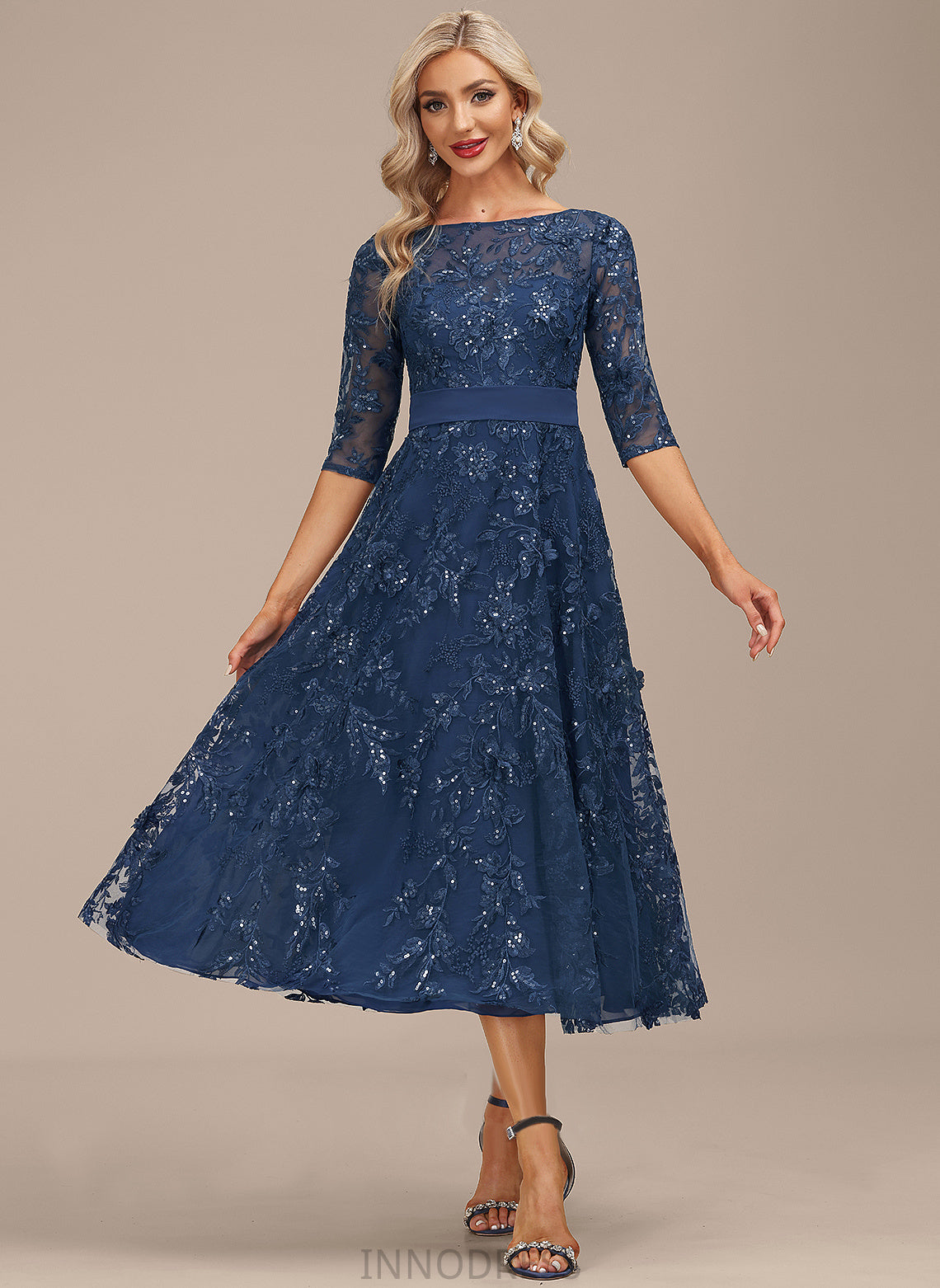 Dress Chiffon Lace Cocktail With A-Line Scoop Cocktail Dresses Sequins Tea-Length Hedwig Neck