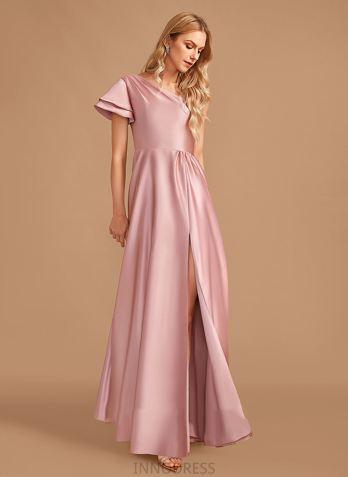 One-Shoulder Embellishment Fabric Neckline Silhouette A-Line Floor-Length Length SplitFront Elaine Natural Waist V-Neck Bridesmaid Dresses