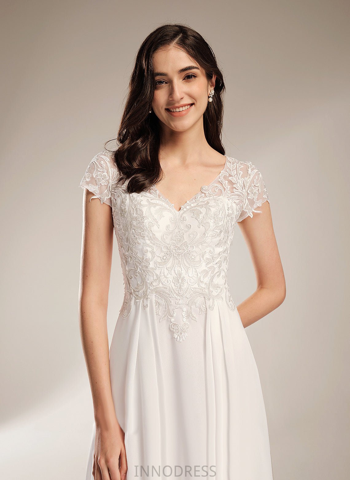 Asymmetrical Carla Wedding Dresses Chiffon A-Line Wedding V-neck Lace Dress