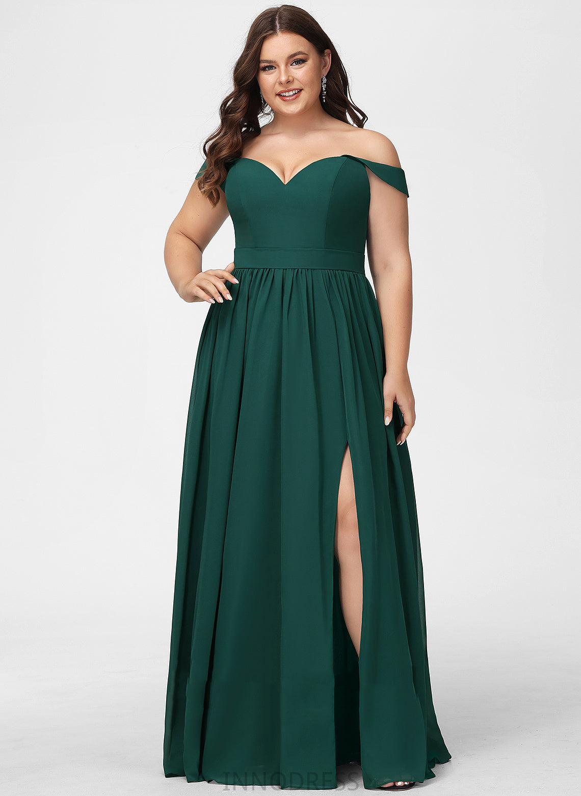 SplitFront Off-the-Shoulder Length Floor-Length Embellishment Silhouette Neckline A-Line Fabric Magdalena A-Line/Princess Sleeveless Bridesmaid Dresses