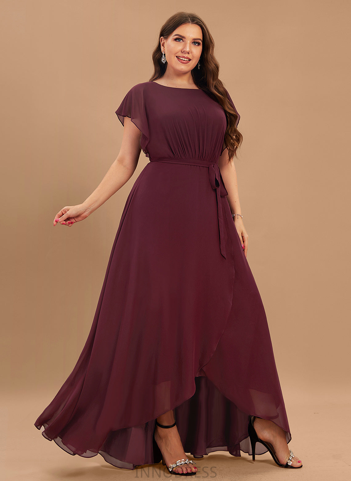 ScoopNeck Neckline Fabric Ruffle A-Line Asymmetrical Embellishment Length Silhouette Kamari One Shoulder Taffeta Bridesmaid Dresses