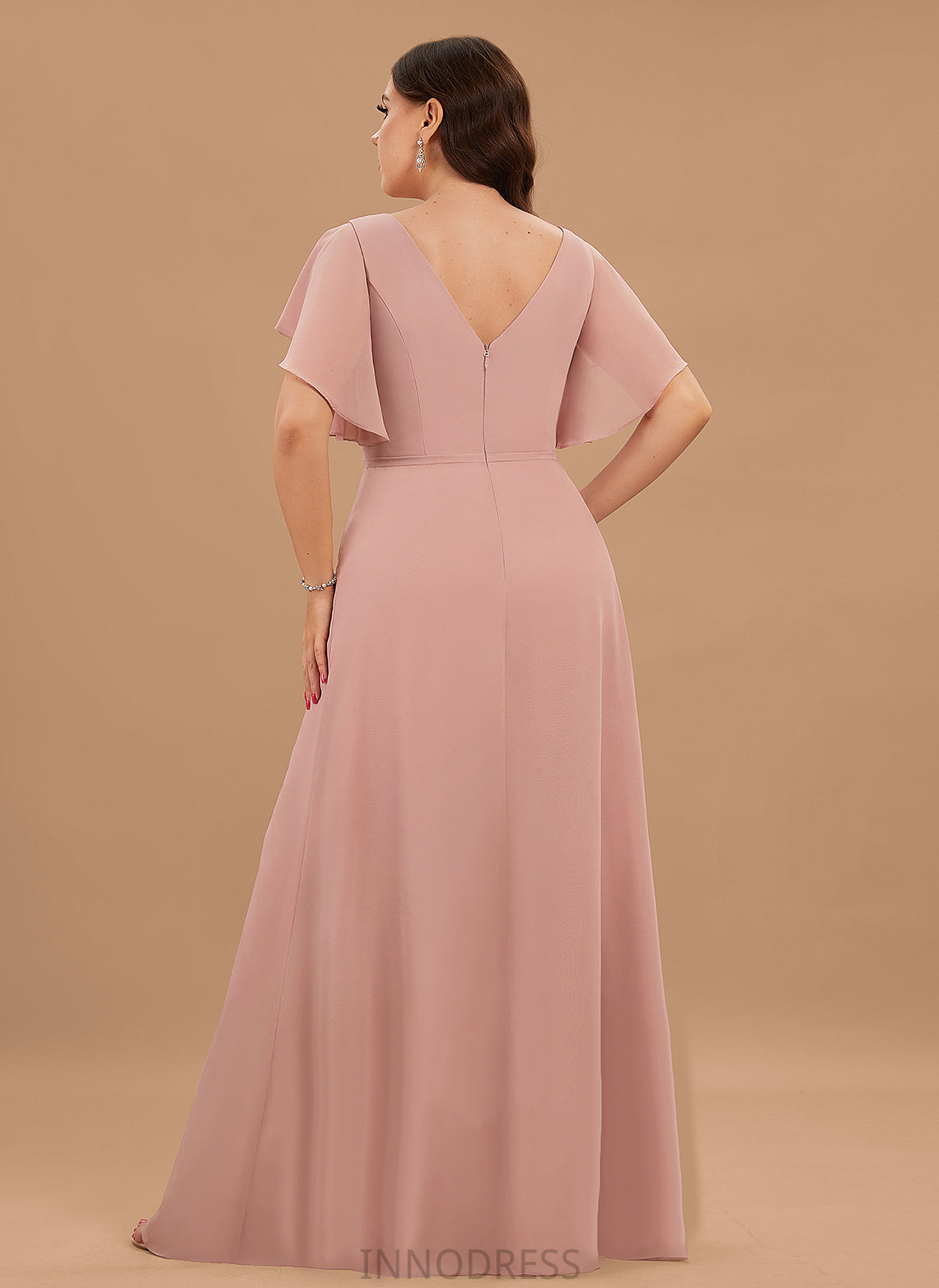 Embellishment Floor-Length Silhouette SplitFront Length Ruffle V-neck A-Line Neckline Fabric Jill Natural Waist Bridesmaid Dresses