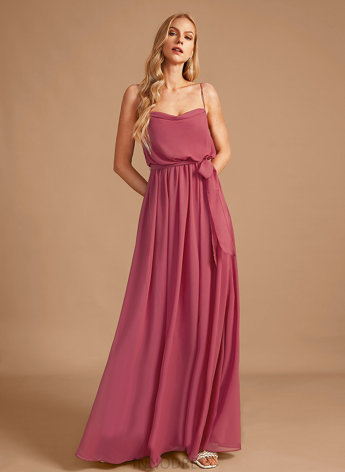 Embellishment Ruffle Silhouette Length CowlNeck Neckline Floor-Length A-Line Fabric SplitFront Sue Sleeveless Bridesmaid Dresses