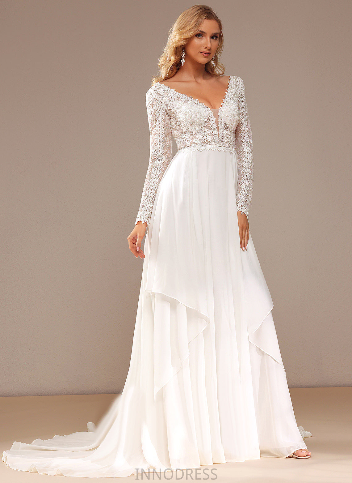 Amirah Wedding A-Line Train Lace With V-neck Court Wedding Dresses Ruffle Lace Chiffon Dress