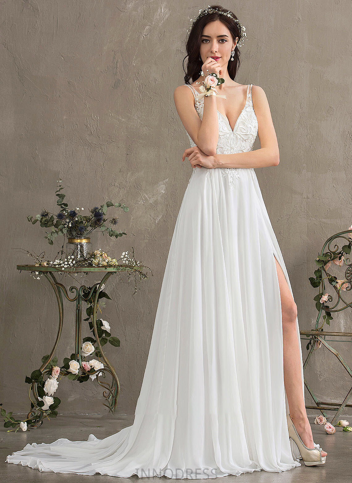 Sequins Dress Wedding Split A-Line V-neck Chiffon Beading Sadie Wedding Dresses Front Sweep With Train