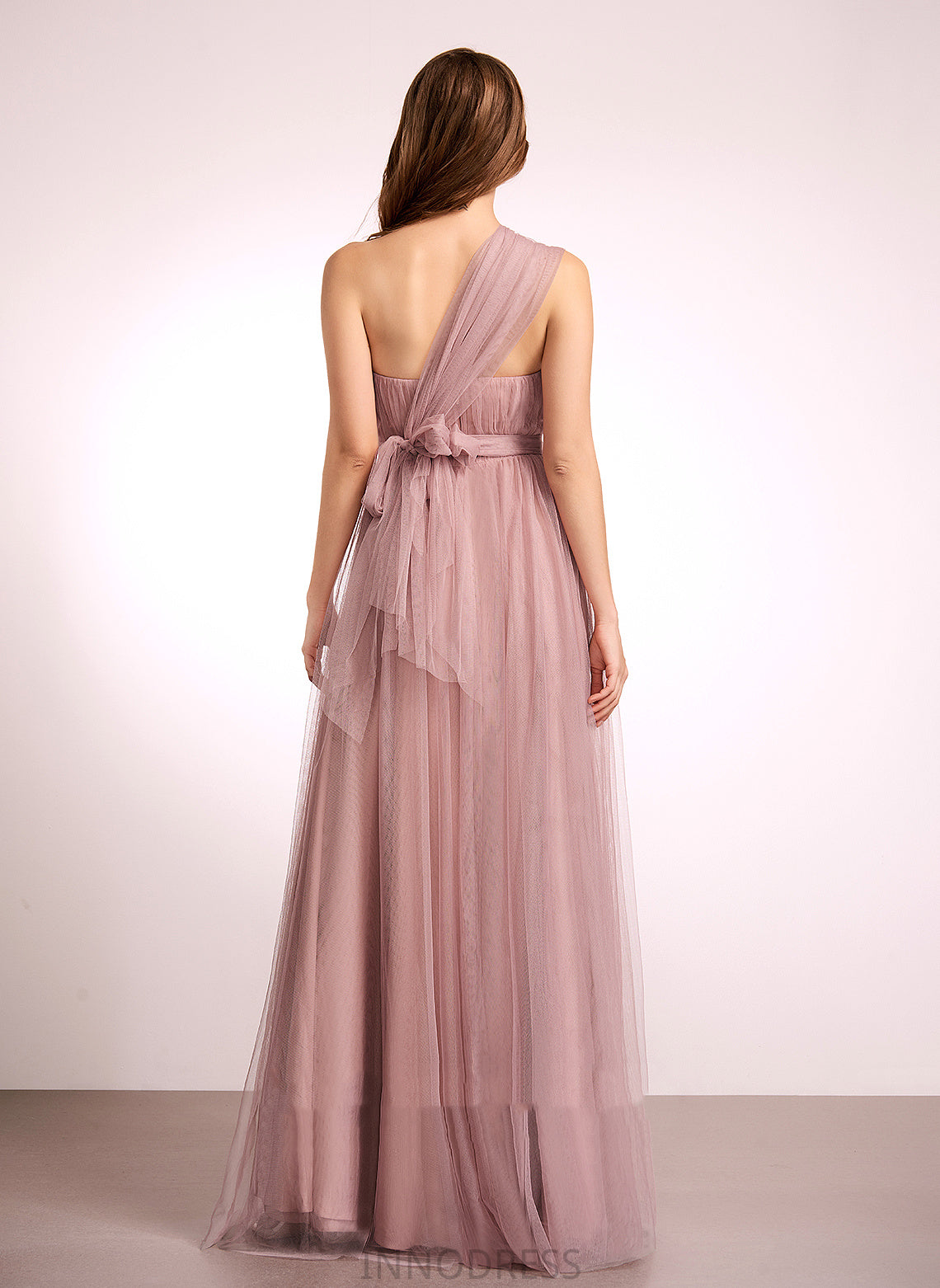 Fabric One-Shoulder Off-the-Shoulder Neckline A-Line Floor-Length Tulle Straps Silhouette V-neck Length Emmalee Bridesmaid Dresses