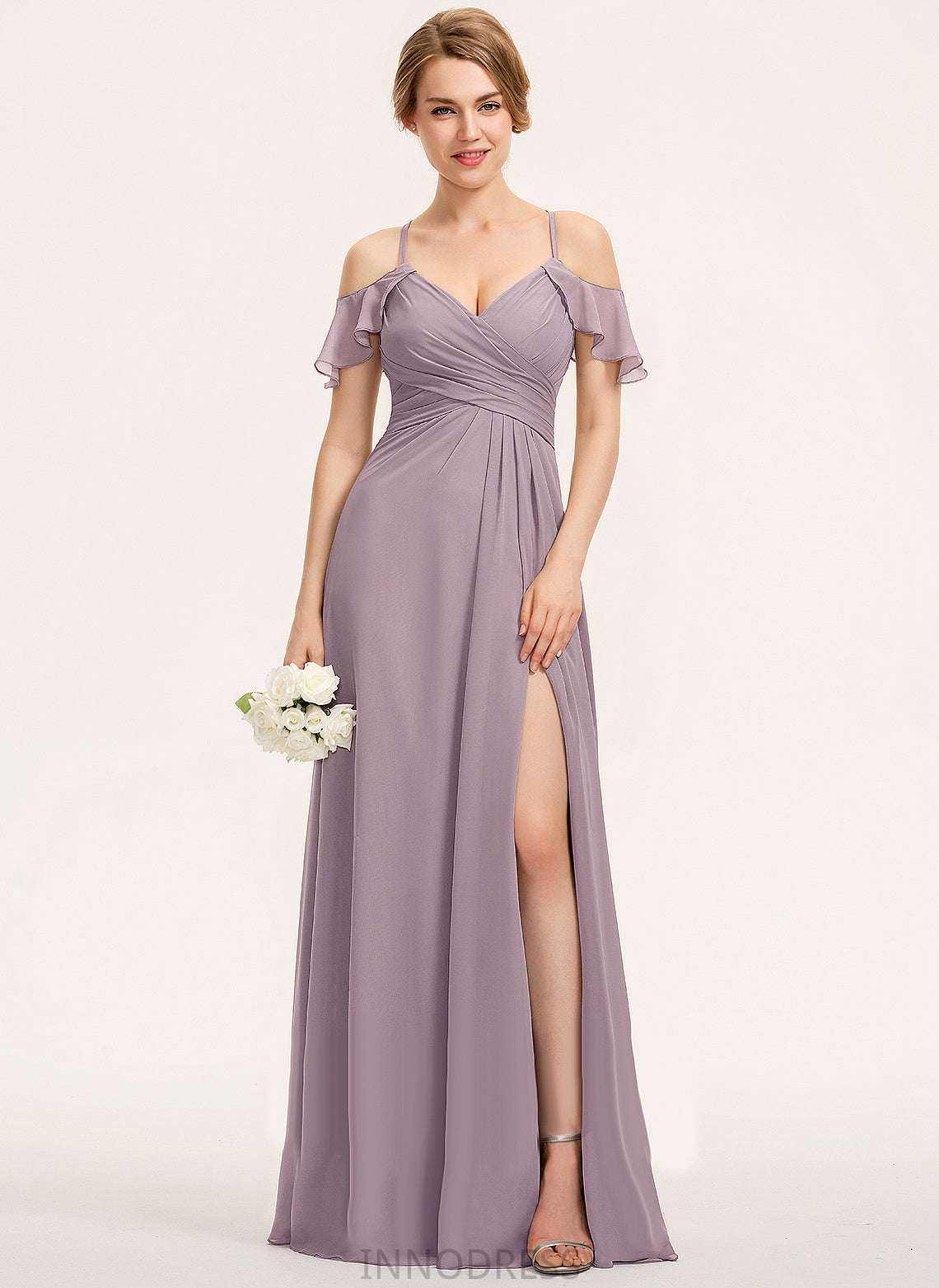 Floor-Length Straps&Sleeves Pleated Fabric Length Embellishment Silhouette A-Line Hailee Bridesmaid Dresses