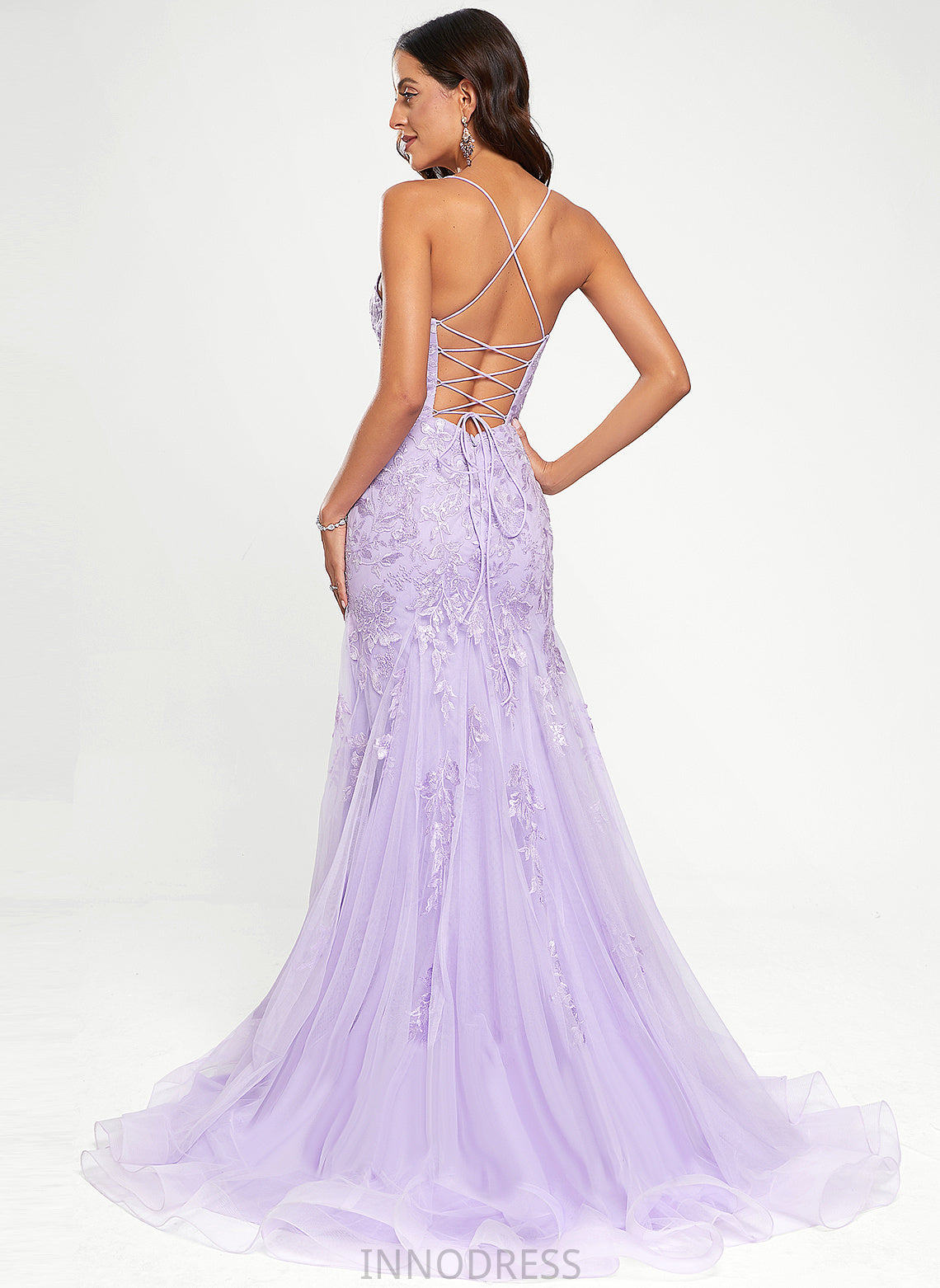 With Train Sweep Prom Dresses Lace V-neck Trumpet/Mermaid Jaylynn Sequins Tulle