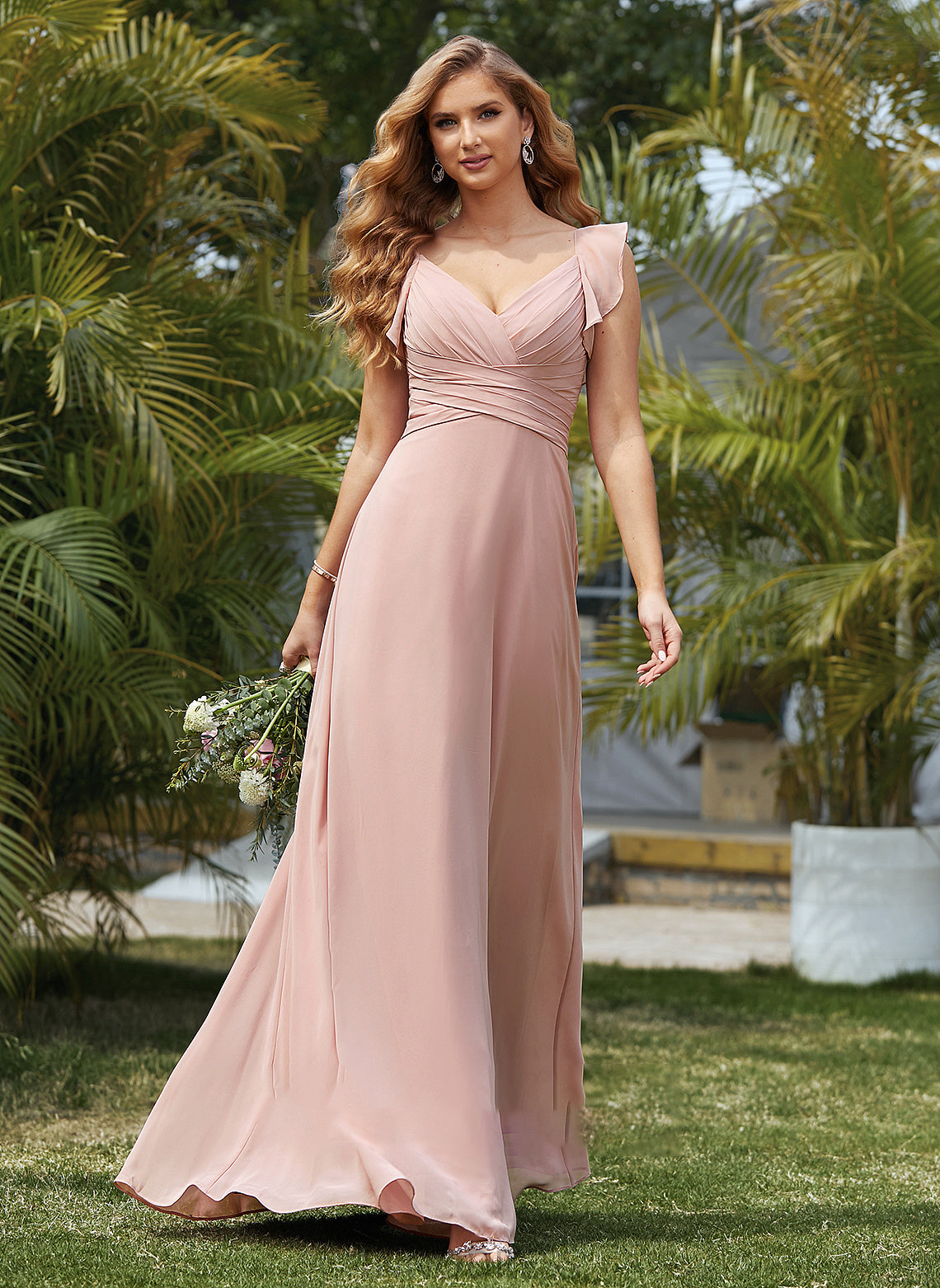 Mikaela Cascading Floor-Length Chiffon Prom Dresses Ruffles V-neck Empire With