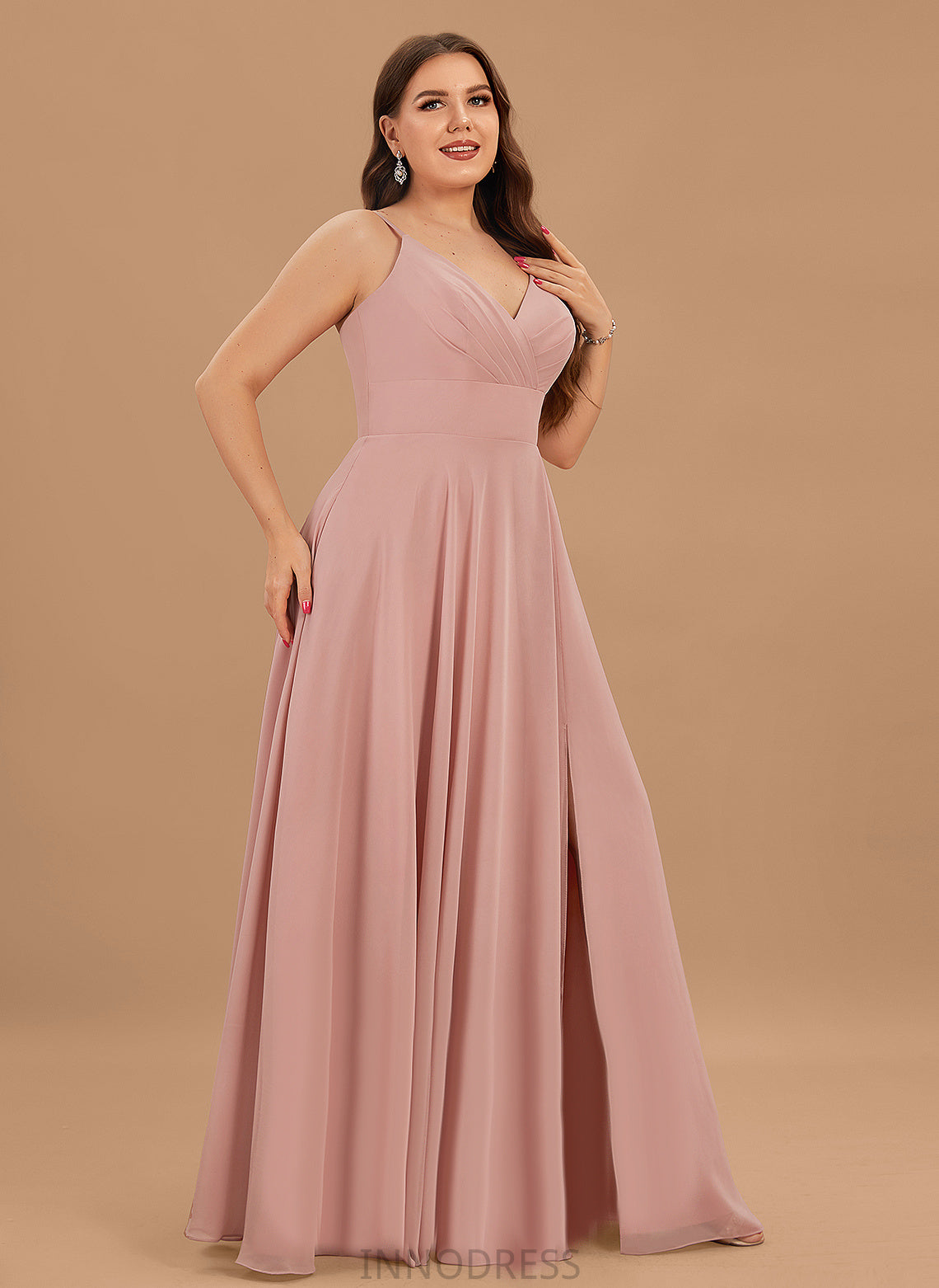 Neckline Embellishment Fabric Pleated Floor-Length Length Silhouette A-Line V-neck India Spaghetti Staps Natural Waist Bridesmaid Dresses