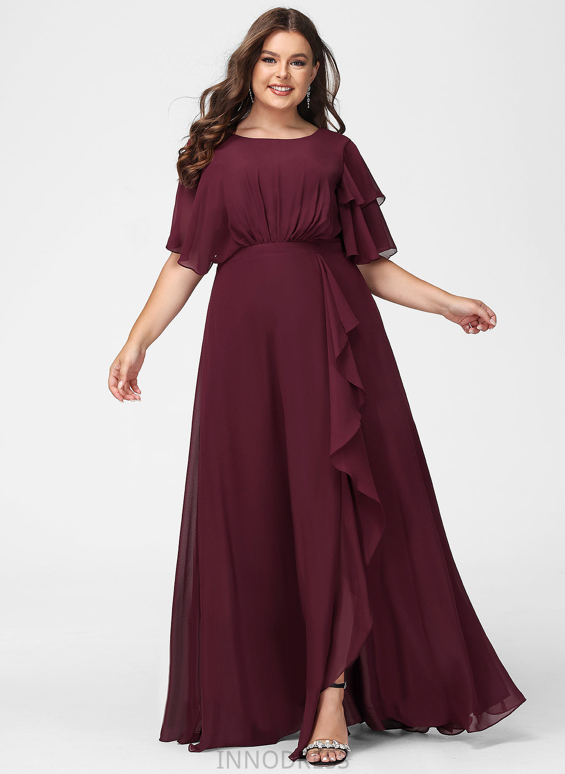 A-Line Embellishment ScoopNeck Ruffle Length Silhouette Neckline SplitFront Floor-Length Fabric Krystal V-Neck Bridesmaid Dresses