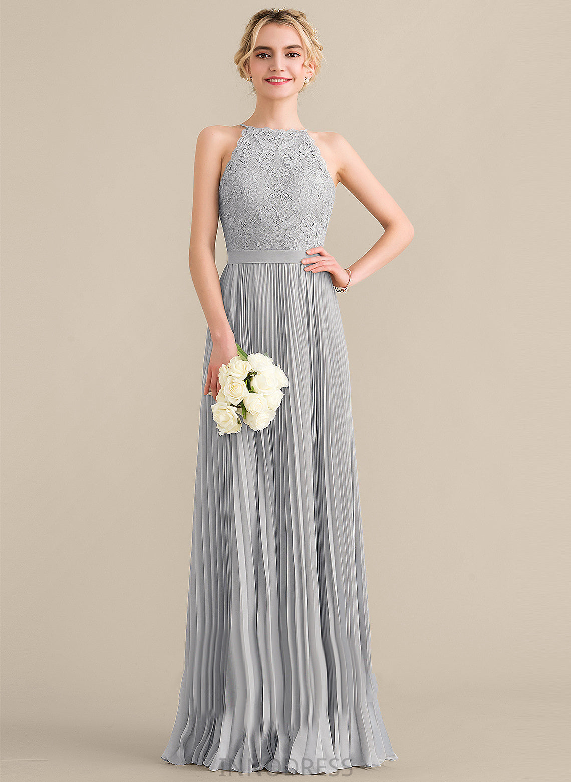 Silhouette Neckline Length Embellishment Scoop A-Line Fabric Floor-Length Pleated Sal Bridesmaid Dresses