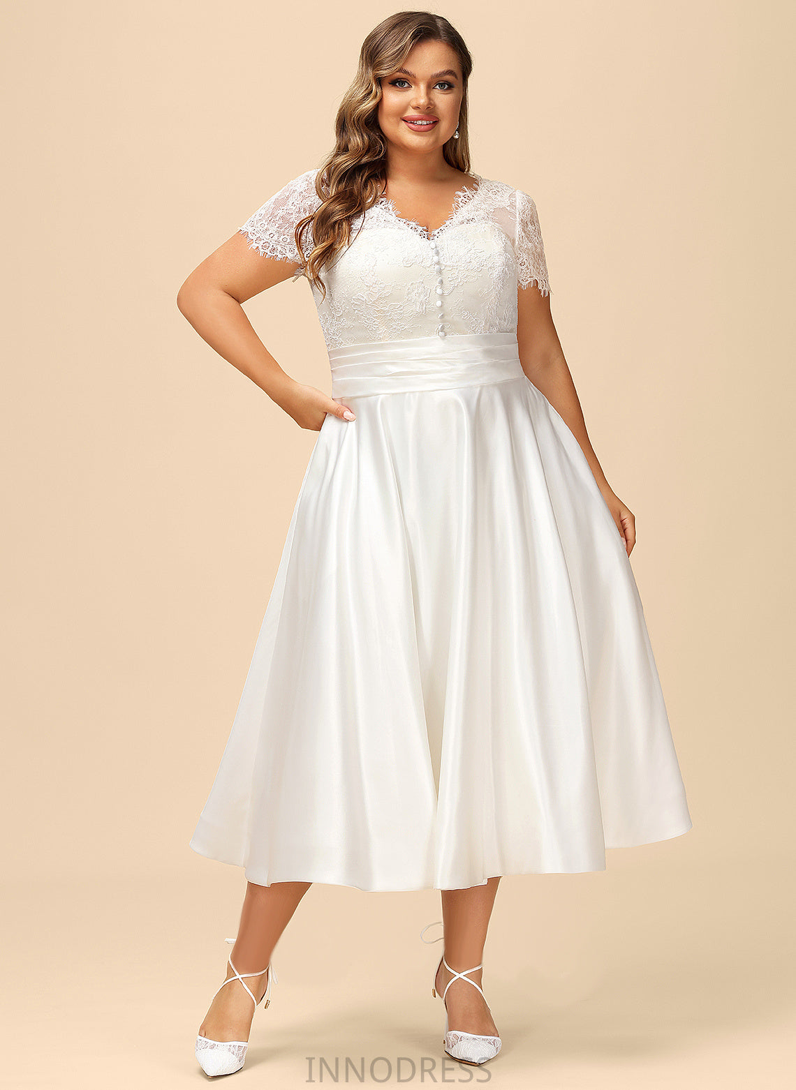 Lace Cecelia Wedding Dresses Wedding Tea-Length Satin Ruffle A-Line Dress V-neck With