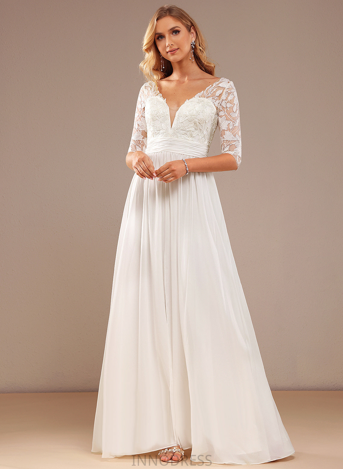 A-Line With Sequins Wedding Wedding Dresses Lace V-neck Ruffle Melanie Floor-Length Chiffon Dress