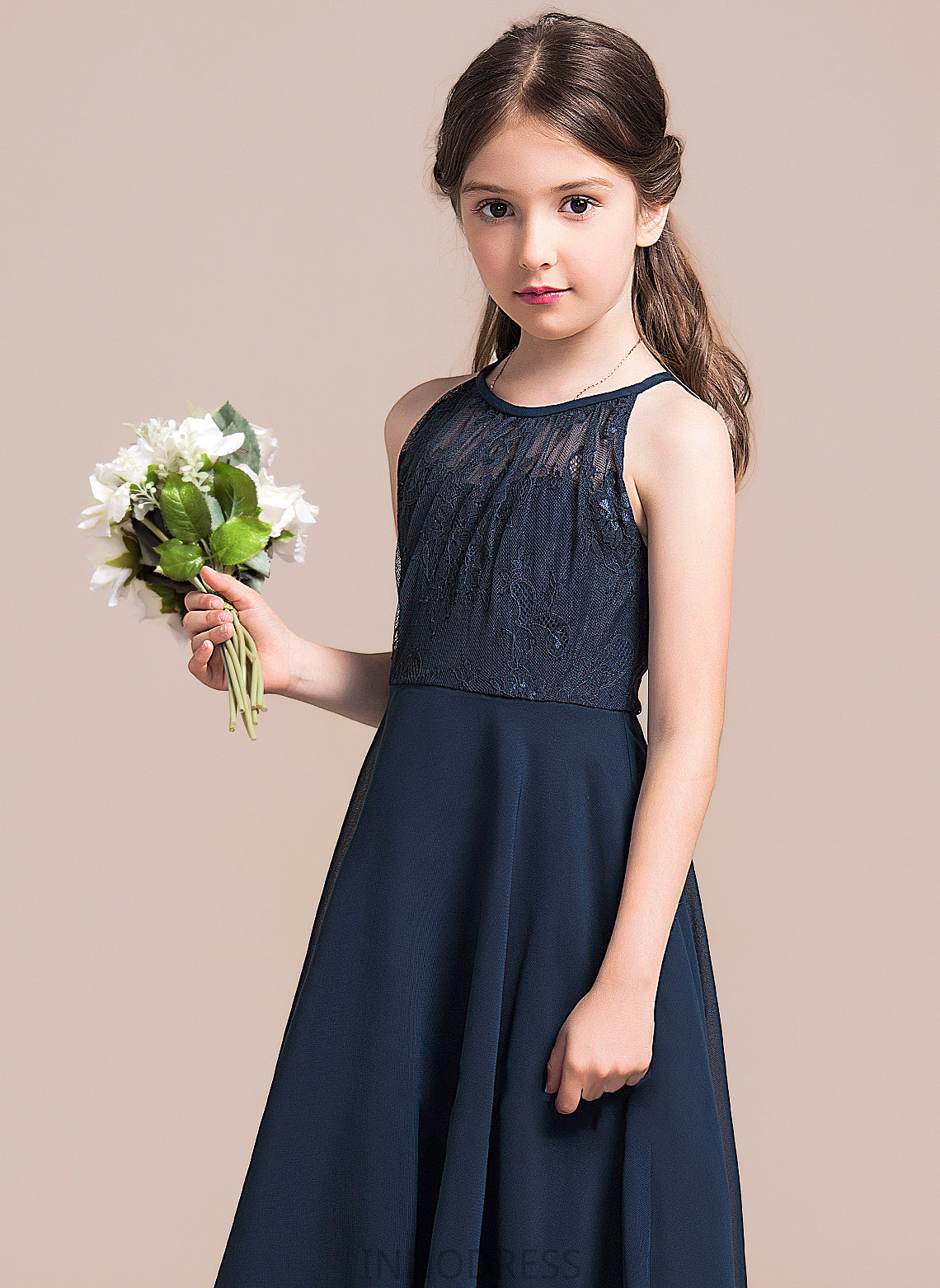 Azul A-Line Junior Bridesmaid Dresses With Neck Ruffle Tea-Length Lace Scoop Chiffon