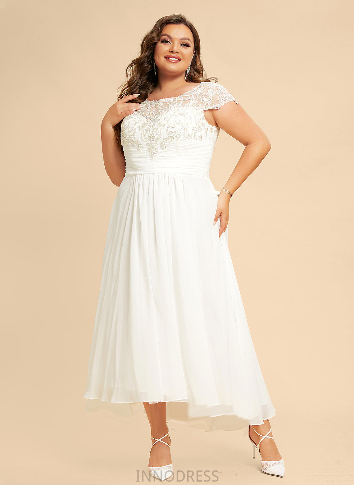 Scoop Dress A-Line Chiffon Natasha Wedding Lace Neck Asymmetrical Wedding Dresses