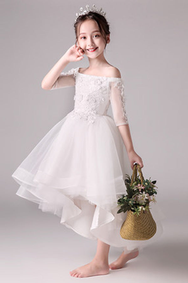 Cute Off The Shoulder High Low Half Sleeves Tulle Flower Girl Dresses