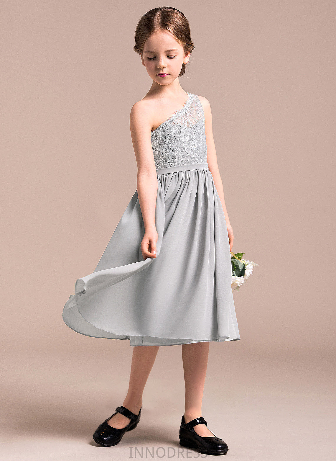 Arianna A-Line Lace Junior Bridesmaid Dresses One-Shoulder Chiffon Knee-Length