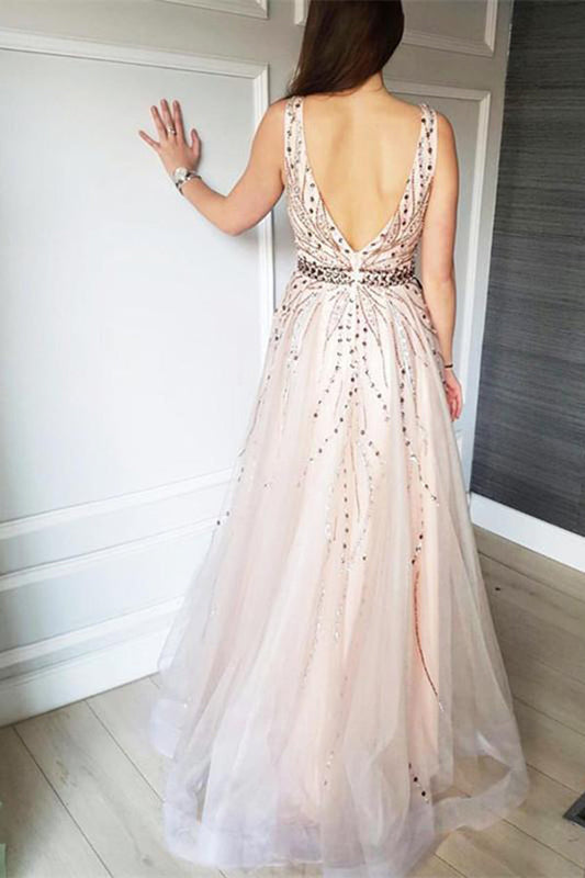 Elegant V Neck Open Back Long Prom Dresses Tulle Party Dresses with Beading