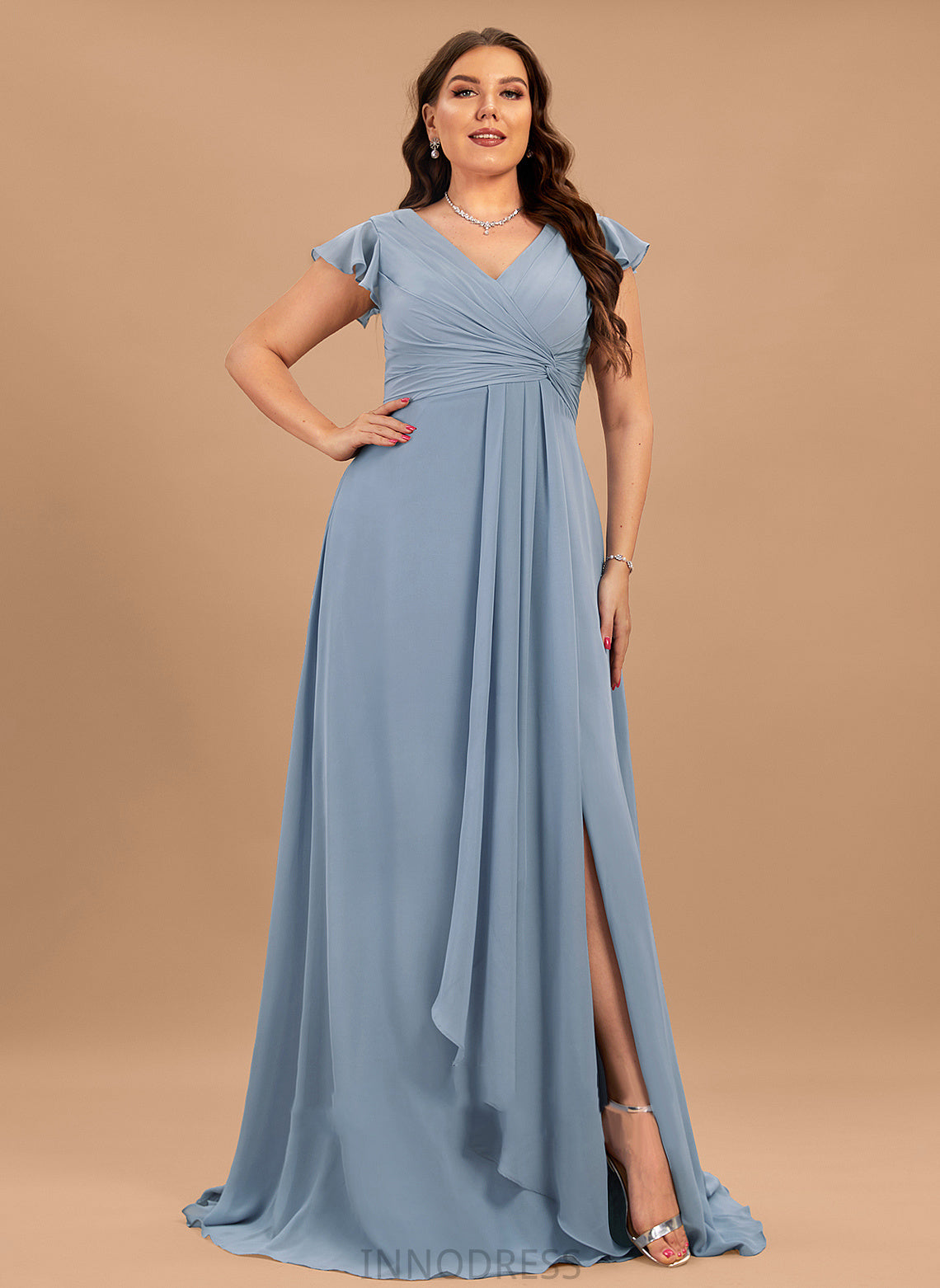 Floor-Length Silhouette Fabric Ruffle Neckline V-neck SplitFront A-Line Length Embellishment Maryjane Floor Length Bridesmaid Dresses