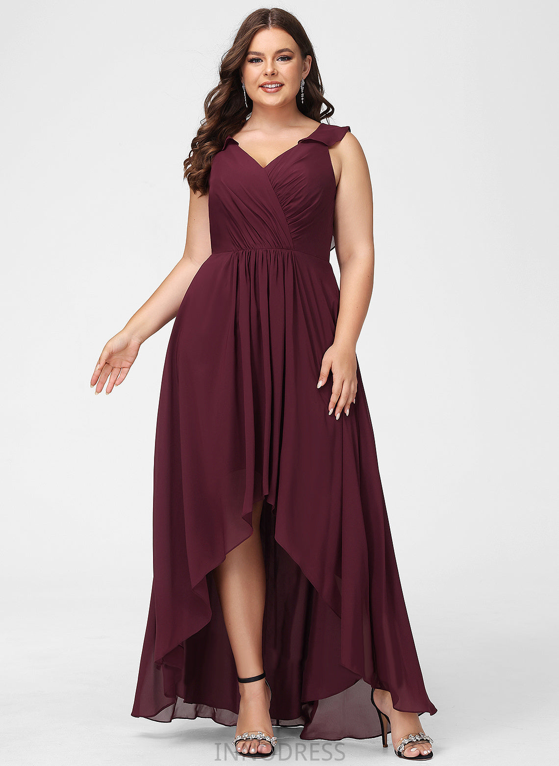 Length Neckline A-Line Silhouette V-neck Fabric Ruffle Embellishment Asymmetrical Kali Floor Length Sleeveless Bridesmaid Dresses