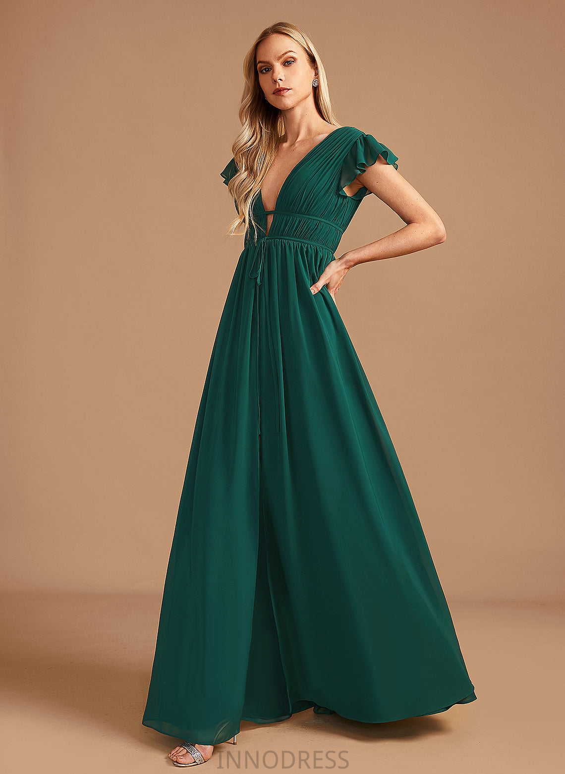 Neckline Floor-Length Silhouette Fabric Length Embellishment SplitFront A-Line V-neck Persis Sleeveless Spaghetti Staps Bridesmaid Dresses