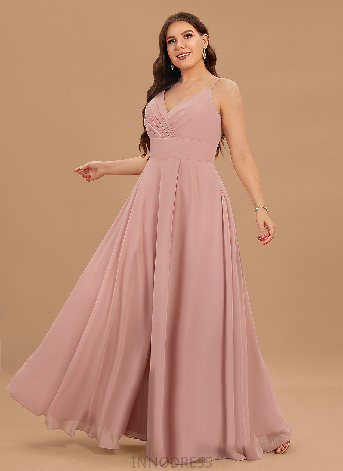 Neckline Embellishment Fabric Pleated Floor-Length Length Silhouette A-Line V-neck India Spaghetti Staps Natural Waist Bridesmaid Dresses