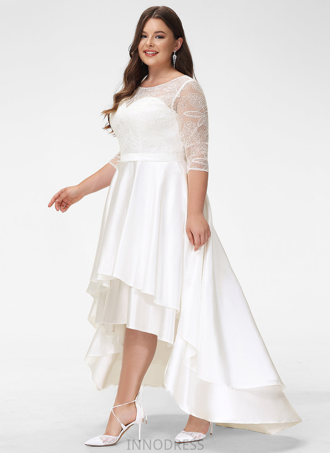 Joanna Wedding Scoop Asymmetrical Dress Satin Lace Wedding Dresses A-Line