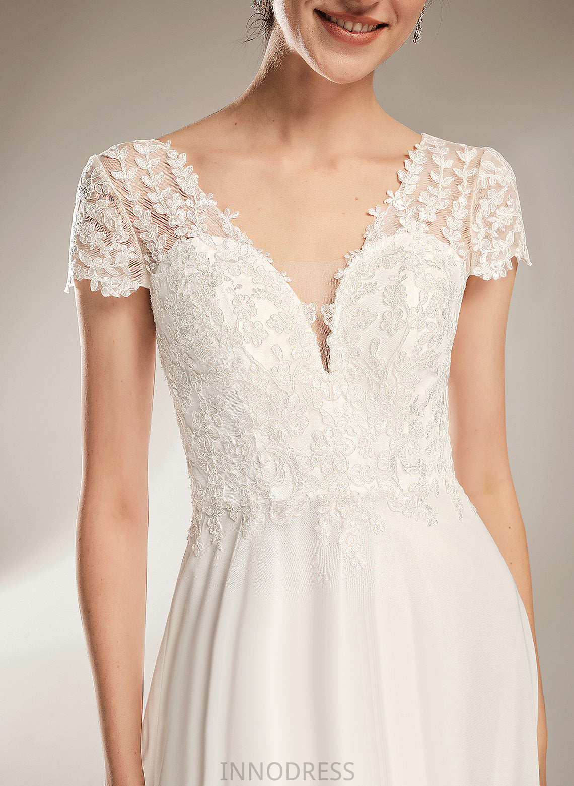 Wedding Lace A-Line With Bow(s) Cloe Court Wedding Dresses Train Chiffon Dress V-neck