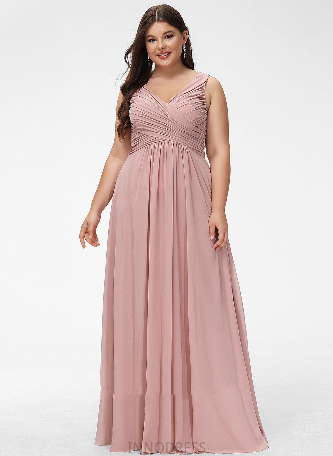 A-Line Fabric Pleated Neckline V-neck Floor-Length Length Silhouette Embellishment Aracely Floor Length A-Line/Princess Bridesmaid Dresses