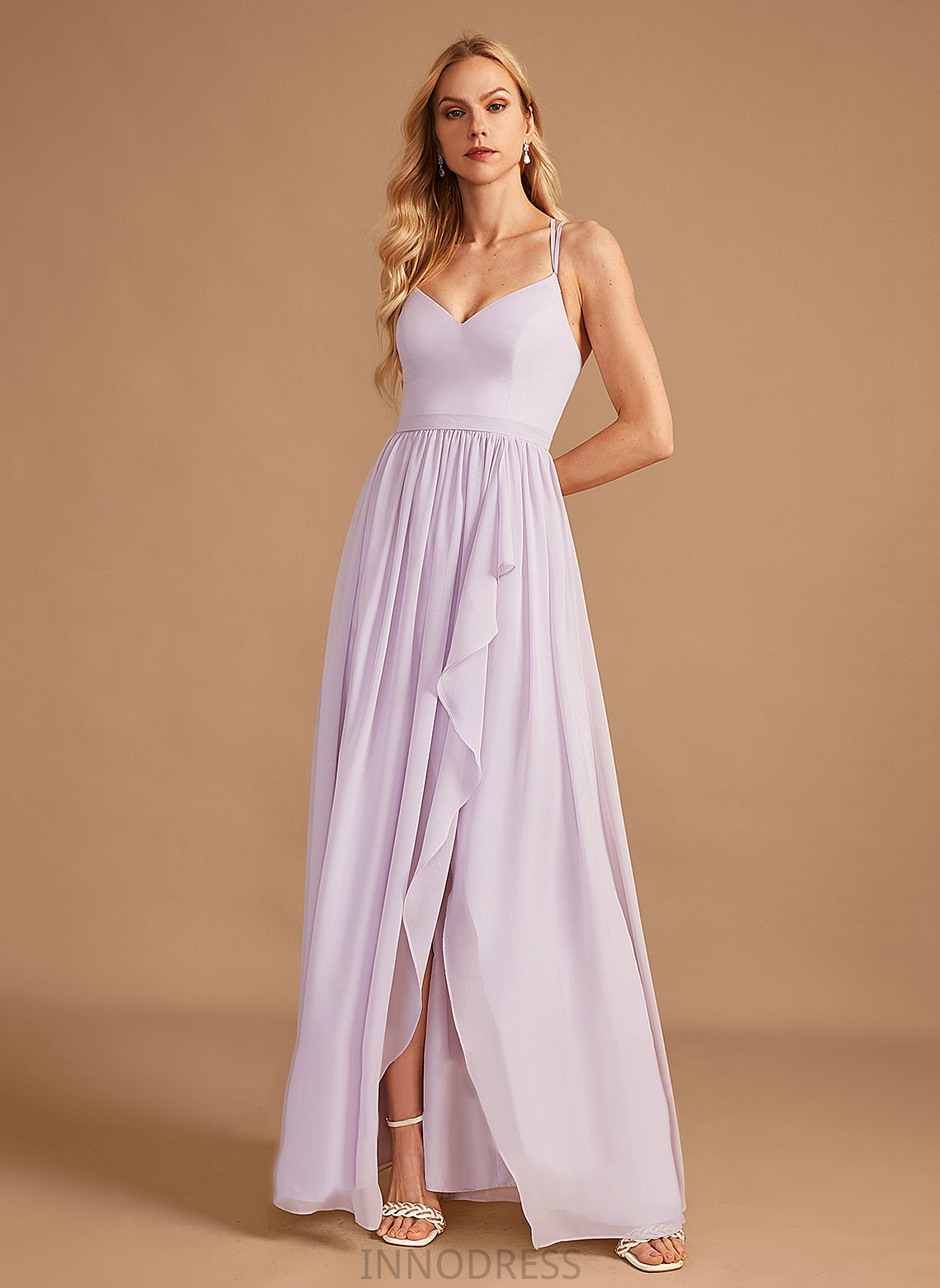 Embellishment Silhouette Fabric SplitFront Length Ruffle A-Line V-neck Neckline Asymmetrical Janae Sleeveless Bridesmaid Dresses