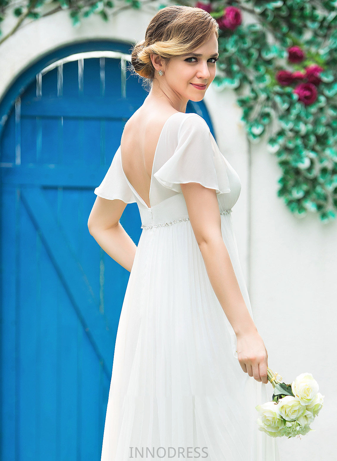 Pleated Wedding Empire Margaret Beading Dress Floor-Length V-neck Chiffon Wedding Dresses With