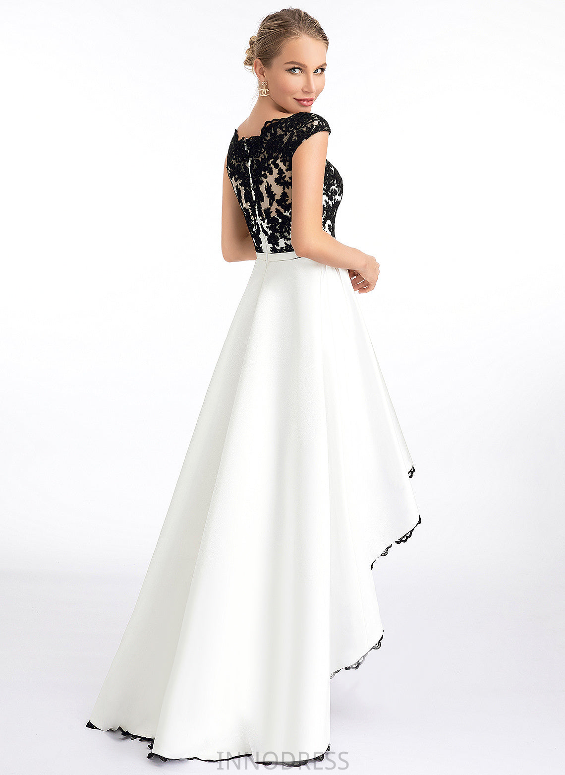 A-Line Asymmetrical Giuliana Lace Satin Wedding Wedding Dresses Scoop Illusion Dress