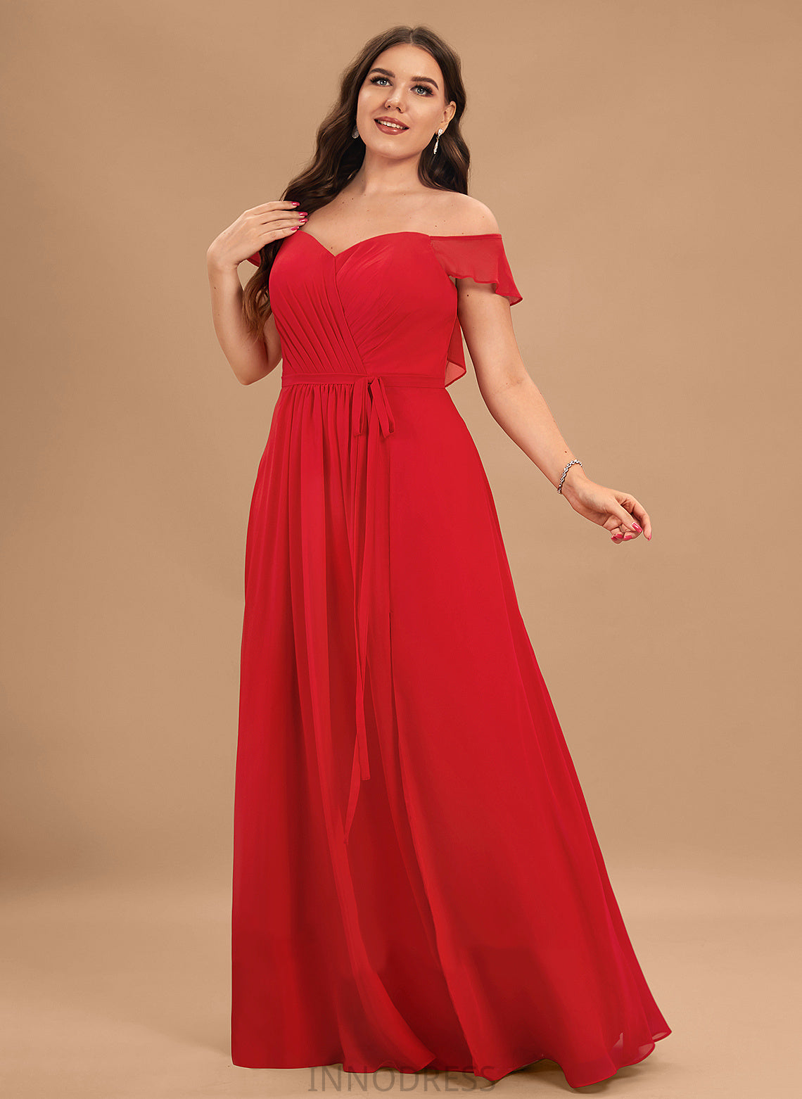 SplitFront Off-the-Shoulder Embellishment Length A-Line Silhouette Fabric Neckline Ruffle Floor-Length Catherine Sheath/Column Bridesmaid Dresses