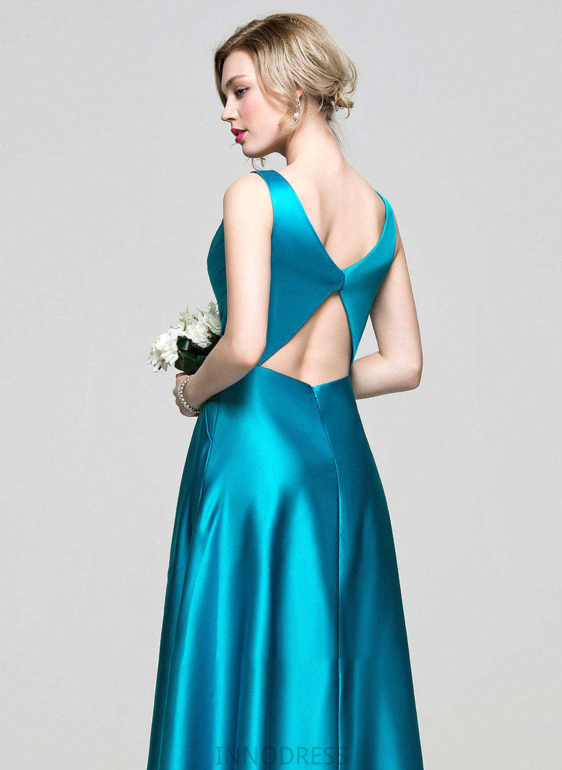 Ball-Gown/Princess Ruffle Pockets Floor-Length Satin Lilian V-neck With Prom Dresses