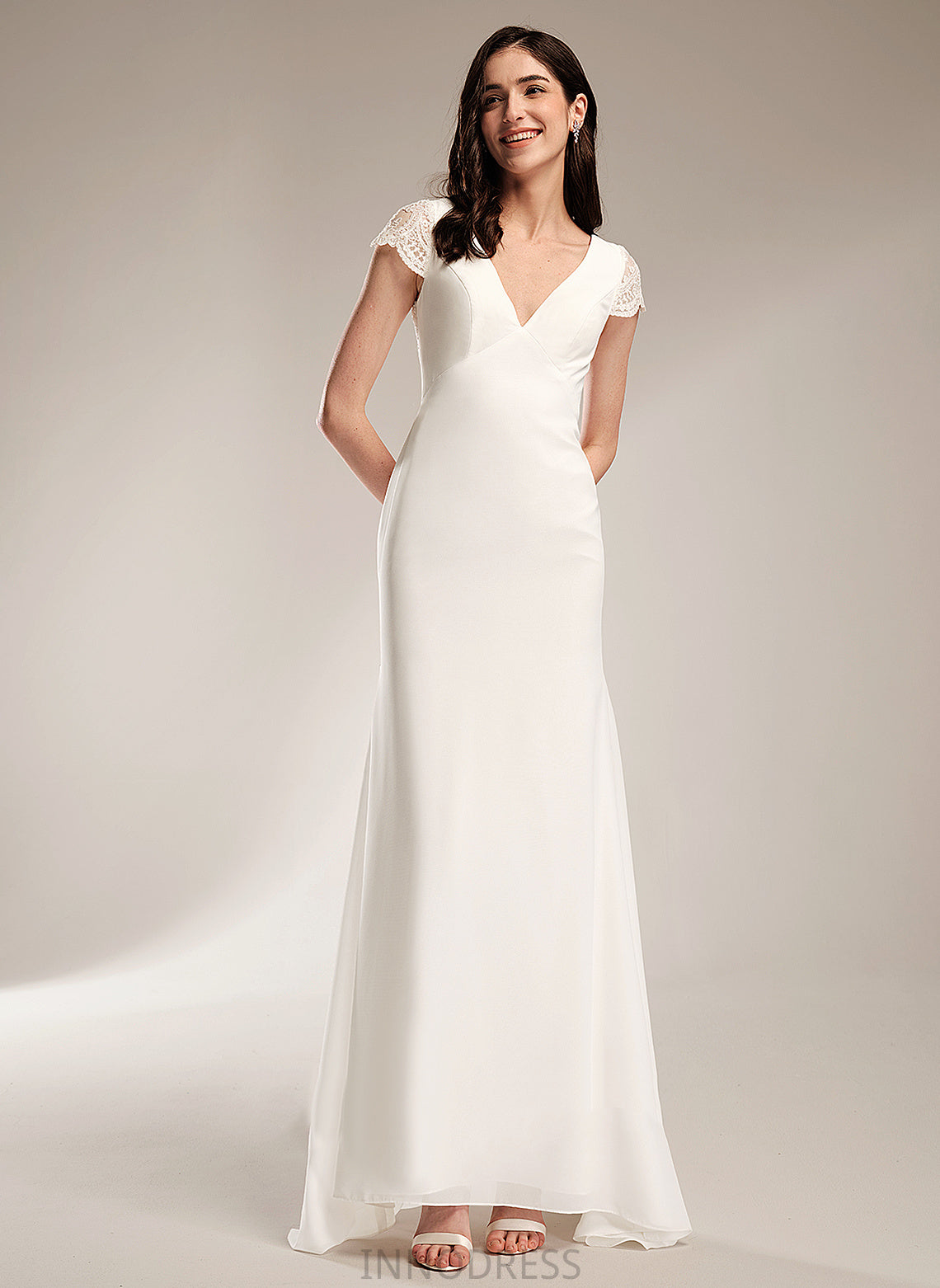 Dress Sheath/Column Sweep V-neck Chiffon Lace Wedding Abbey With Wedding Dresses Train