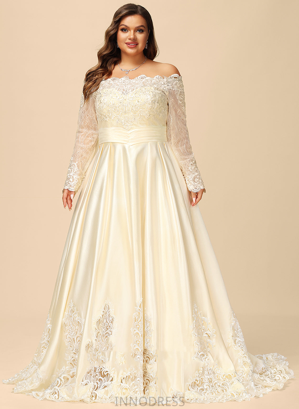 Ball-Gown/Princess Sequins Satin Train Evelyn Off-the-Shoulder With Lace Wedding Beading Sweep Dress Wedding Dresses