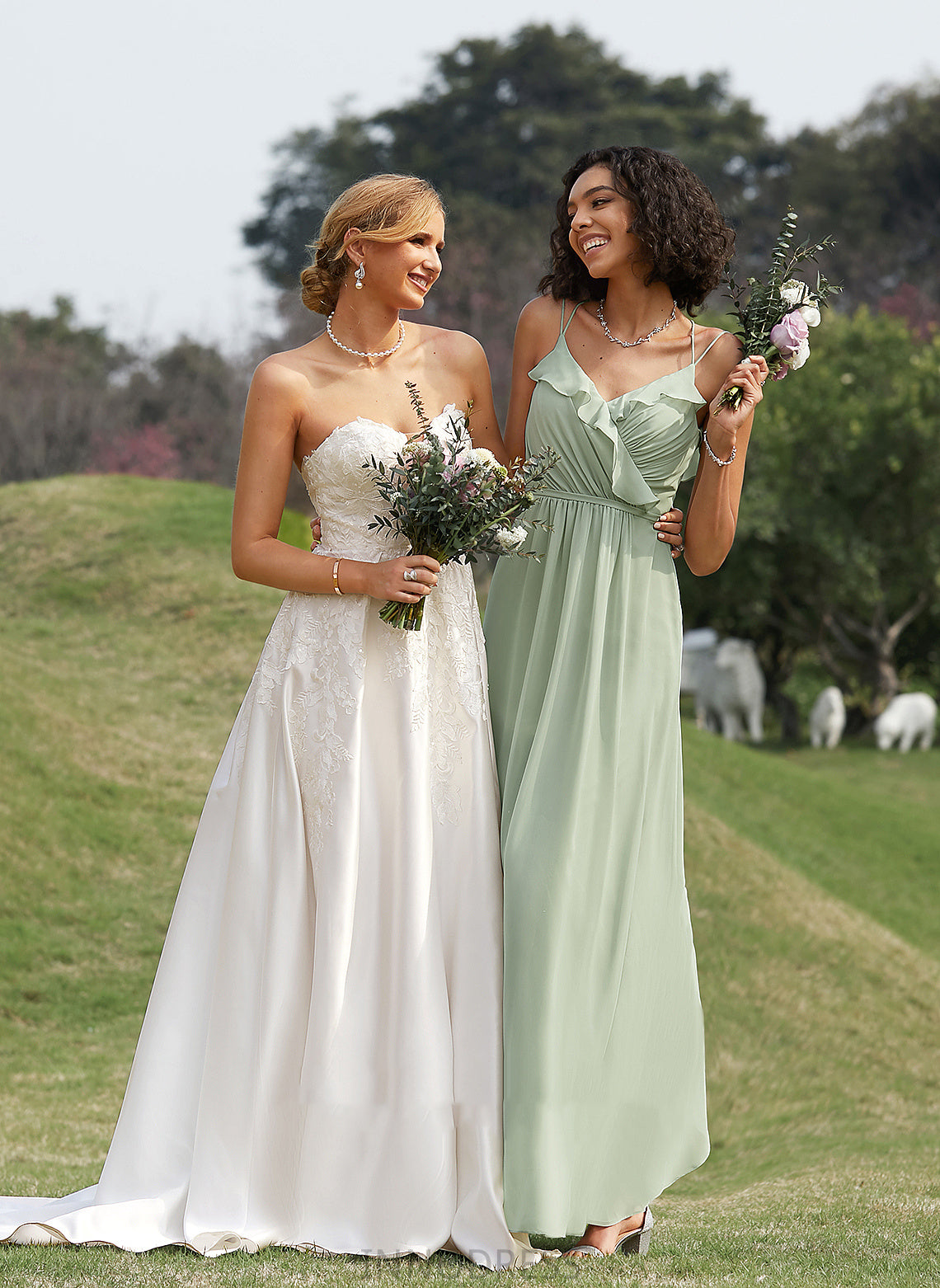 Embellishment Neckline Fabric A-Line Floor-Length Silhouette Length V-neck Ruffle Millie V-Neck Sleeveless Bridesmaid Dresses