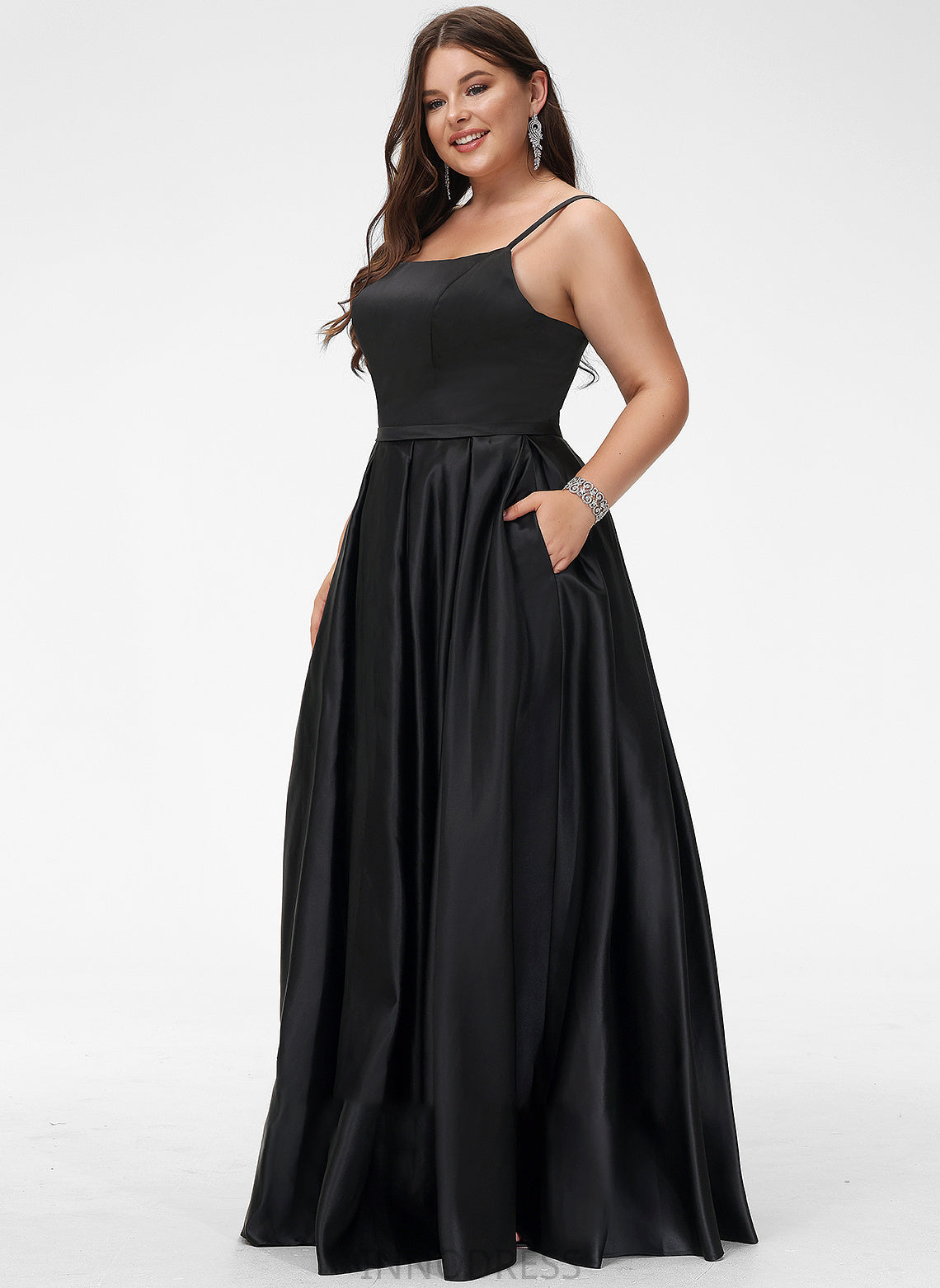 With Kylie Square Pockets Floor-Length Satin A-Line Neckline Split Prom Dresses Front