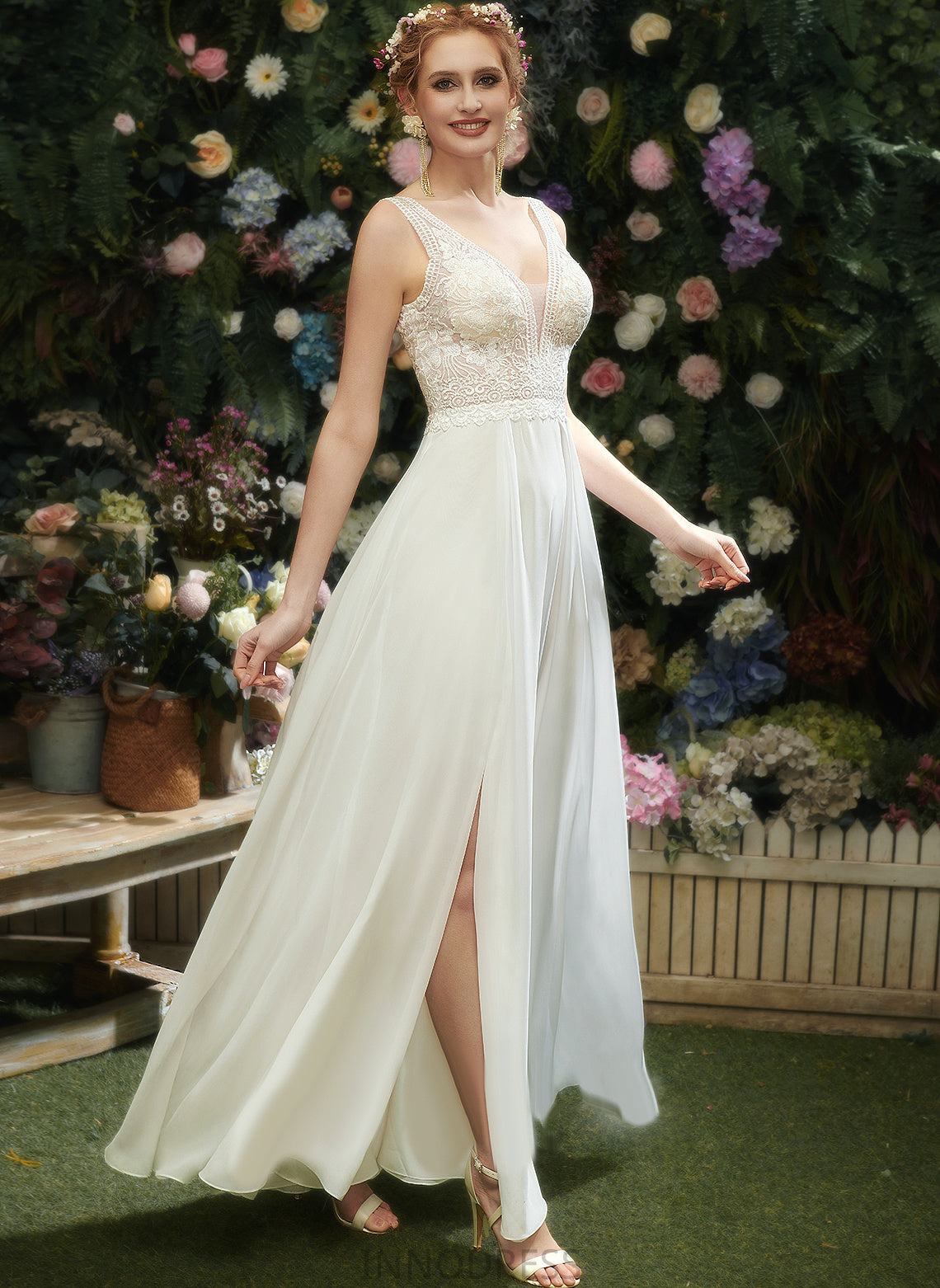 A-Line Floor-Length Lace Arabella Dress Wedding Dresses Wedding V-neck With Chiffon Sequins