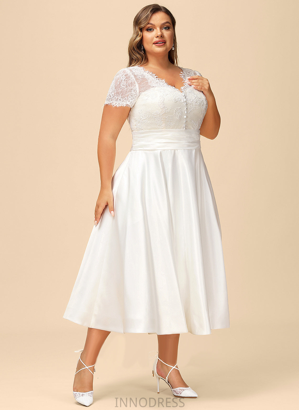 Lace Cecelia Wedding Dresses Wedding Tea-Length Satin Ruffle A-Line Dress V-neck With