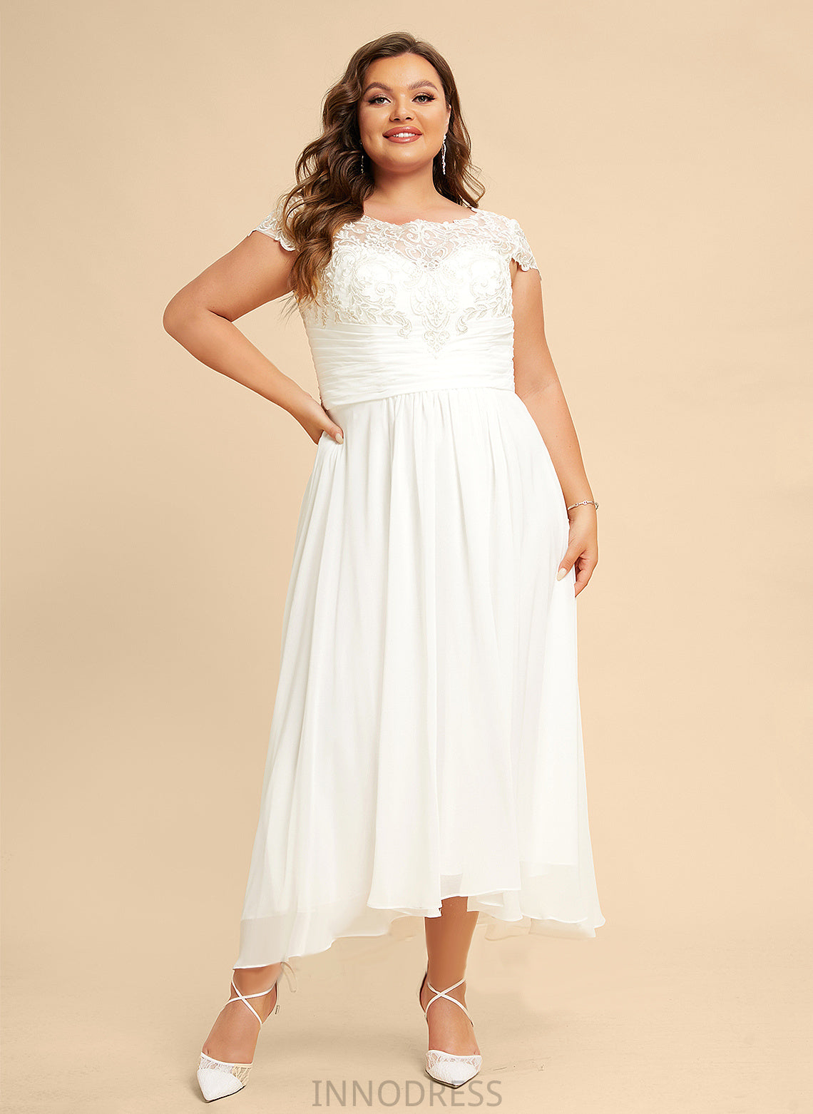 Scoop Dress A-Line Chiffon Natasha Wedding Lace Neck Asymmetrical Wedding Dresses