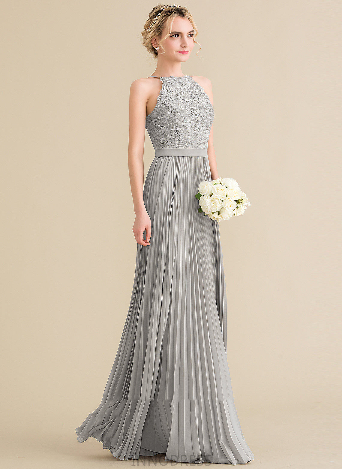 Silhouette Neckline Length Embellishment Scoop A-Line Fabric Floor-Length Pleated Sal Bridesmaid Dresses