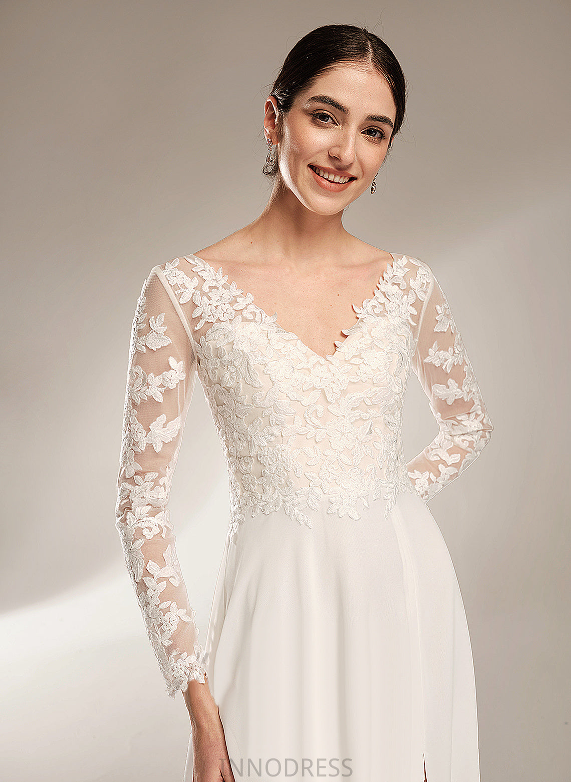 Wedding Wedding Dresses Lace Floor-Length Chiffon Dress A-Line V-neck Magdalena