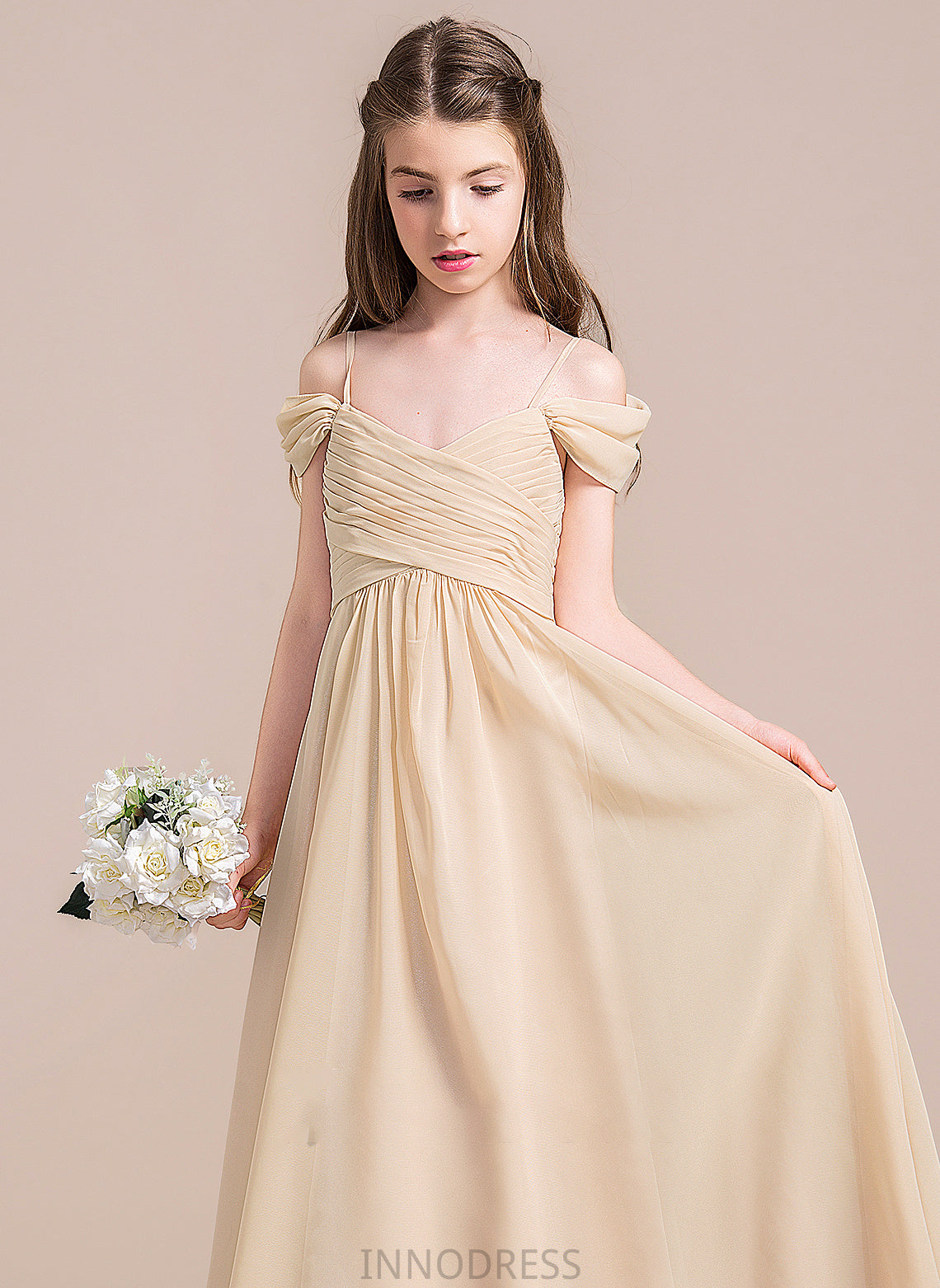 Chiffon Floor-Length A-Line Ruffle Junior Bridesmaid Dresses Off-the-Shoulder With Leslie