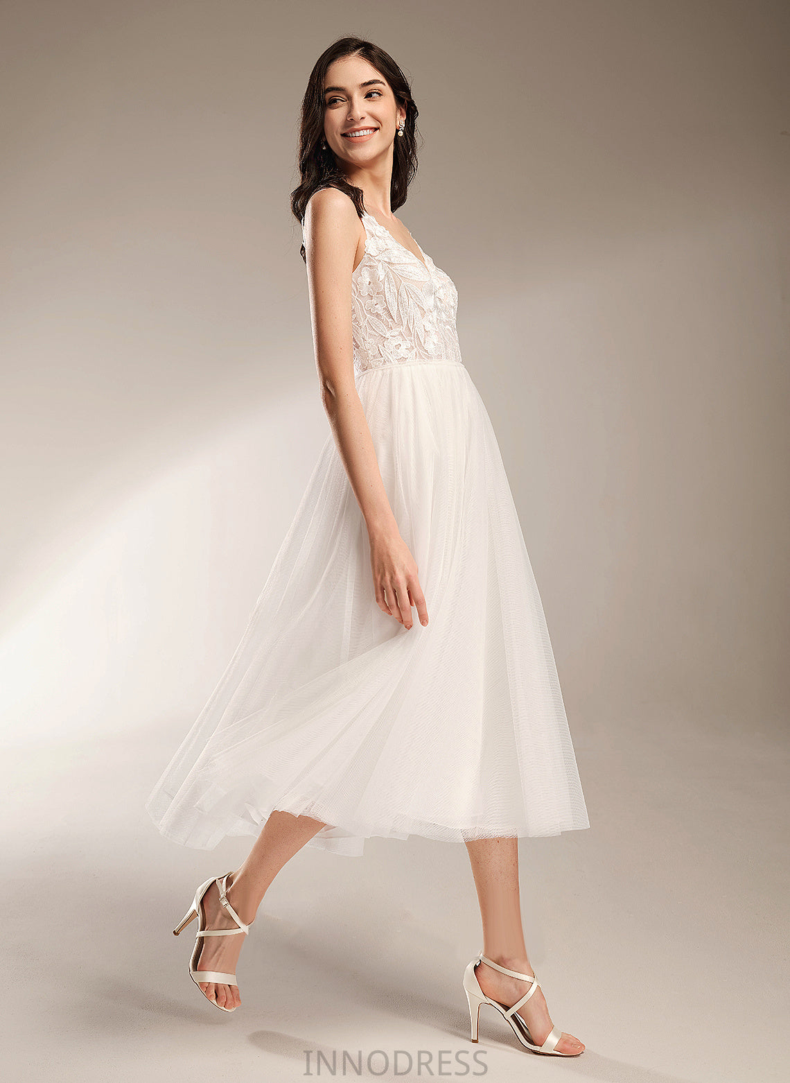 A-Line Dress Ryann V-neck Tea-Length Lace Tulle Wedding Wedding Dresses