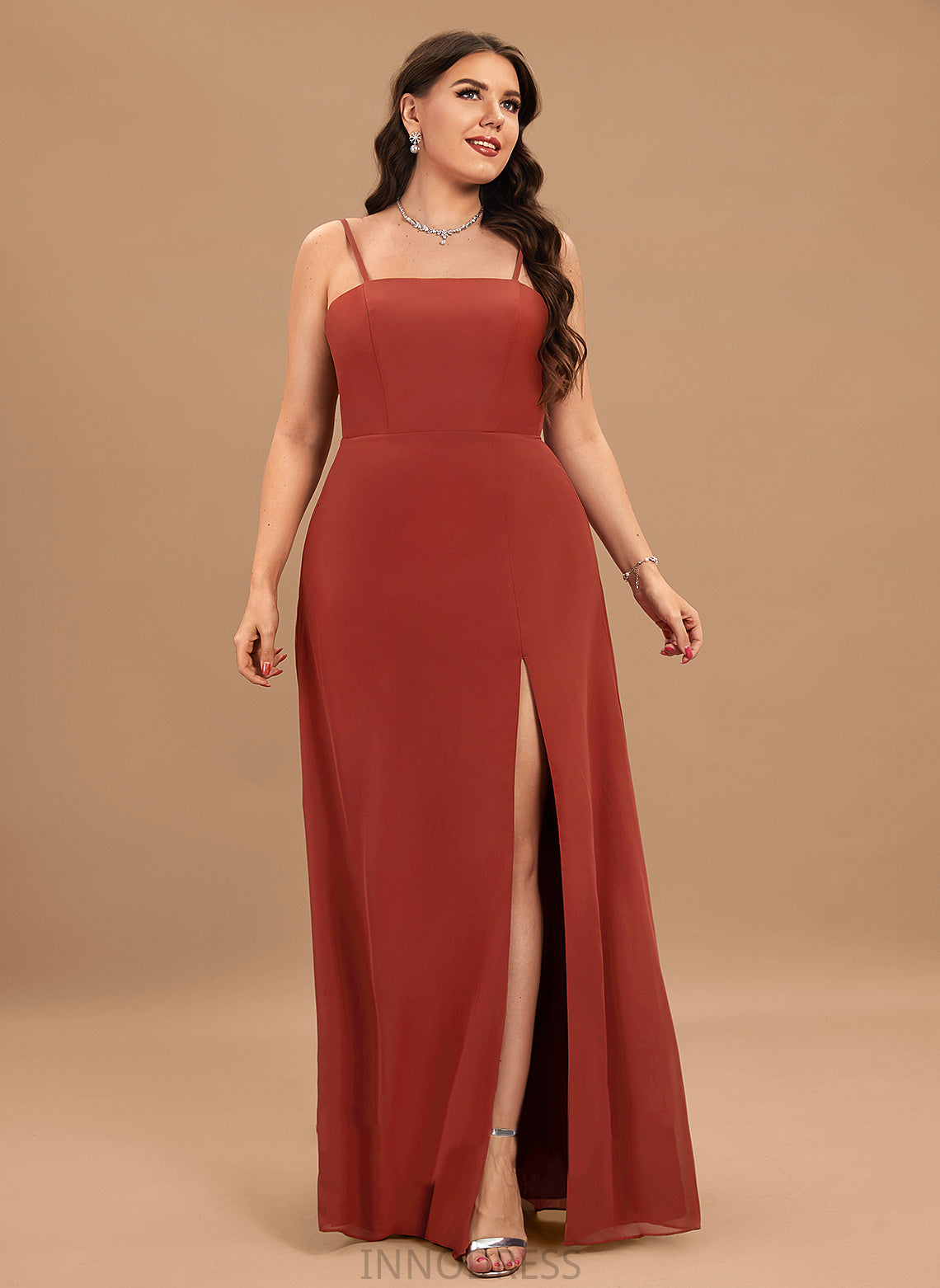 Silhouette Embellishment Floor-Length Fabric Sheath/Column Length SplitFront SquareNeckline Neckline Karen A-Line/Princess Natural Waist Bridesmaid Dresses