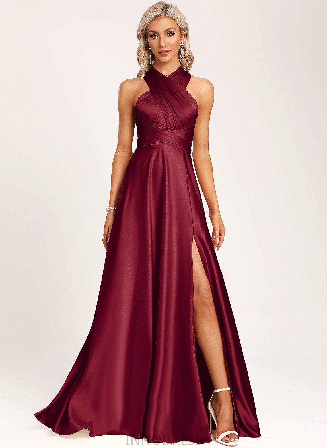 A-Line Neckline V-neck Fabric Halter Straps&Sleeves One-Shoulder Satin Length Silhouette Floor-Length Amani Bridesmaid Dresses