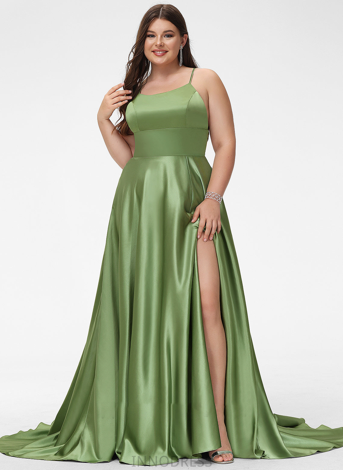 Scoop Lila Satin Split Prom Dresses Front A-Line With Sweep Neck Train